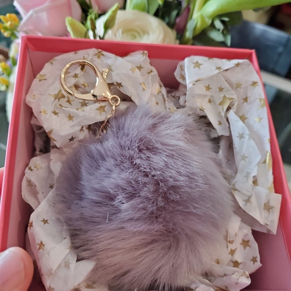 Fluffy Faux Fur Ball Keychain (Gray) in a Beautiful Gift Box - Picture 2 of 5